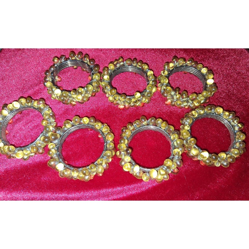 Vintage Beaded Napkin Rings Set of 8 Amber Gold Glass‎ Wire Wrapped 2"